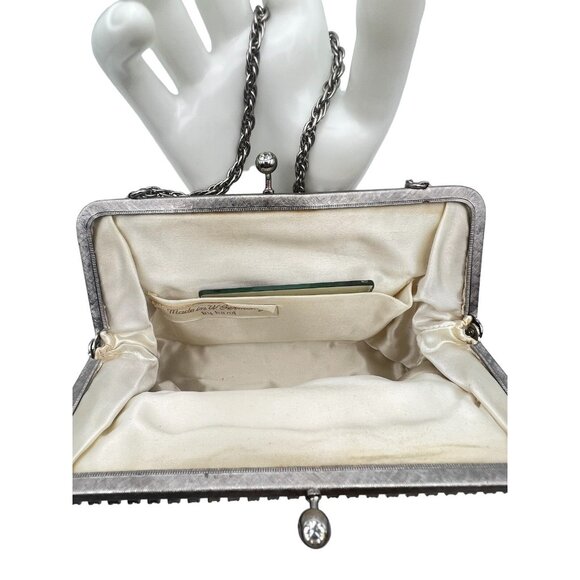 West Germany White Satin Rhinestone Beaded Purse With Change Purse Kiss Lock VTG - Picture 13 of 16